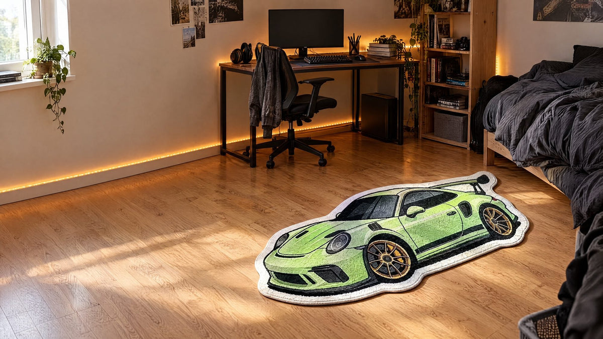 Alfombra tufting con forma de coche deportivo en verde lima, en el suelo de un dormitorio juvenil con escritorio y luz LED cálida